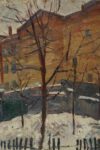 Snow. Red house  (oil on hardboard 50×70 1960-ies)
